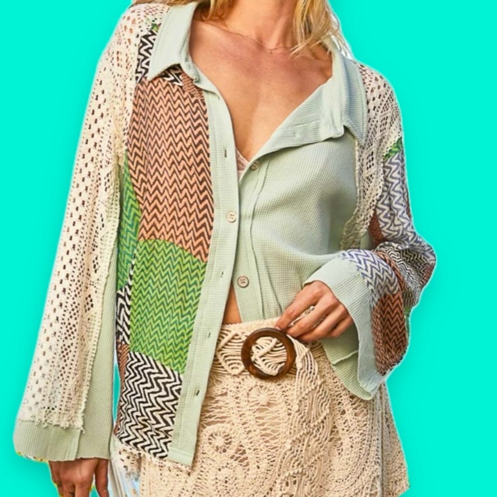 POL Color Block Crochet Long sleeve button down shirt  Oversized Large